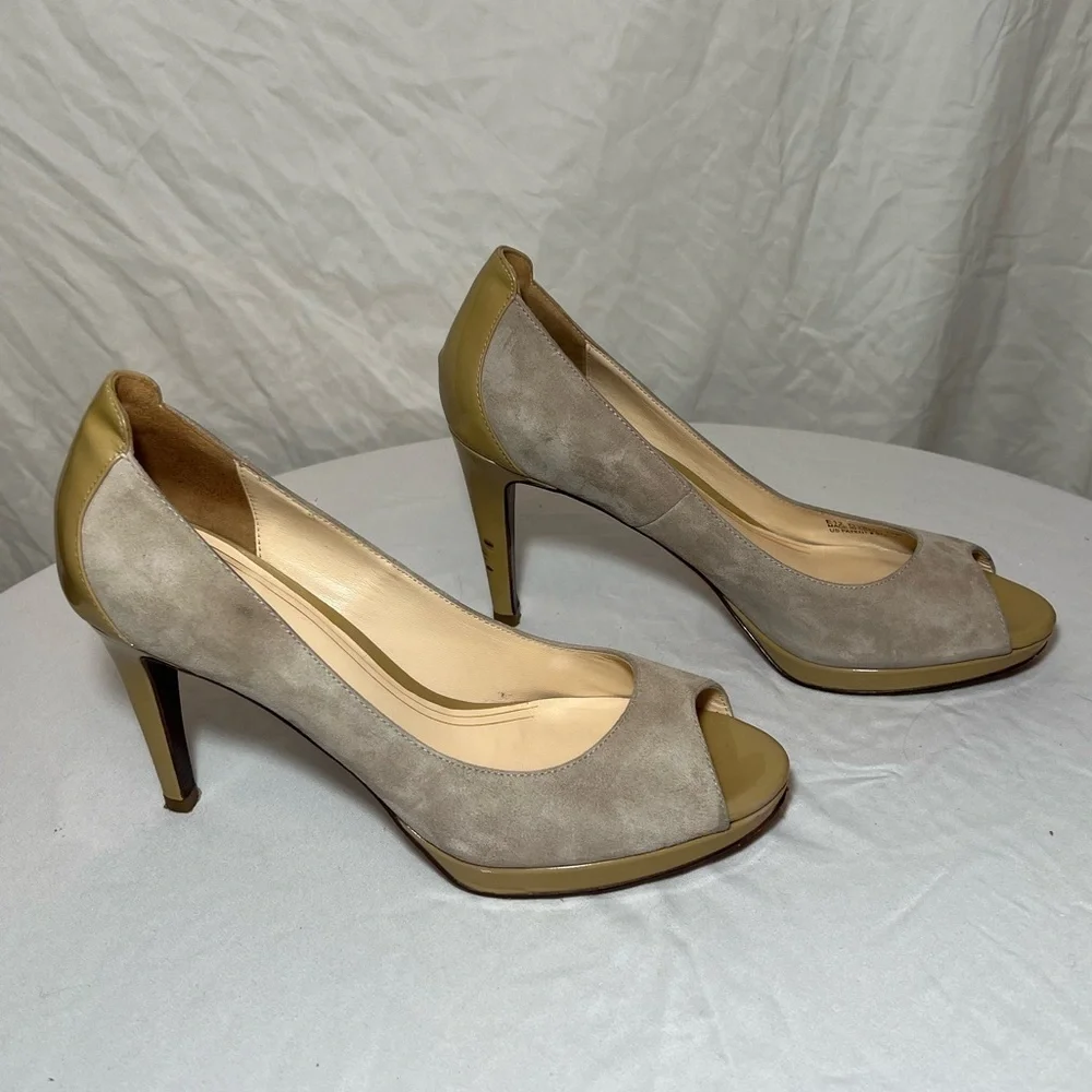 Cole Haan Nike Air Beige Nubuck & Patent Leather Peep Toe Heels Size 8.5B
